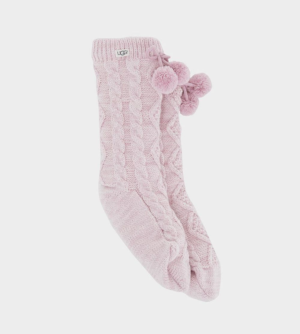 Ugg Sock Womens - Ugg Pom Pom Fleece Lined Crew Pink - 460NTULCK